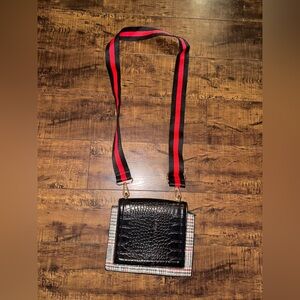 Sondra Roberts Black and Red Crossbody Bag with Sporty Striped Strap